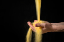 Abstract Farmer Sprinkles Corn Flour Dust Powder Through Hands