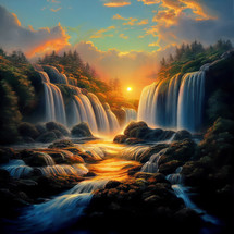 Colorful sunset with lots of waterfalls
