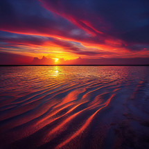 A vibrant pink and purple sunset over the sand landscape.