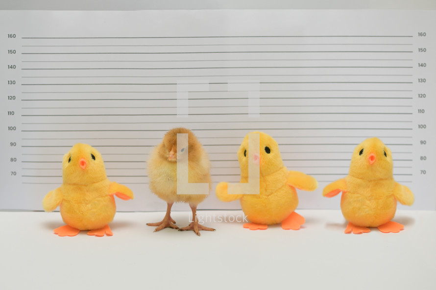 Conceptual Real and Toy Chicken Posing For Mug Shot At Police Station