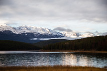 snow capped mountain peaks across a lake 