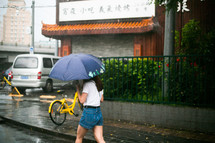 a woman with an umbrella walking in the rain 