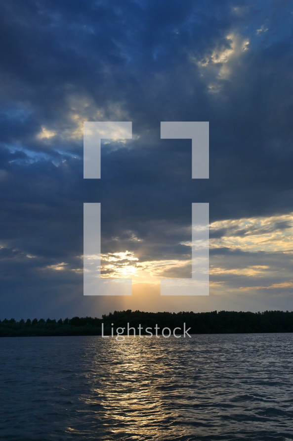 sunset over Danube River Romania in summer