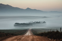 fog rising over a dirt road 