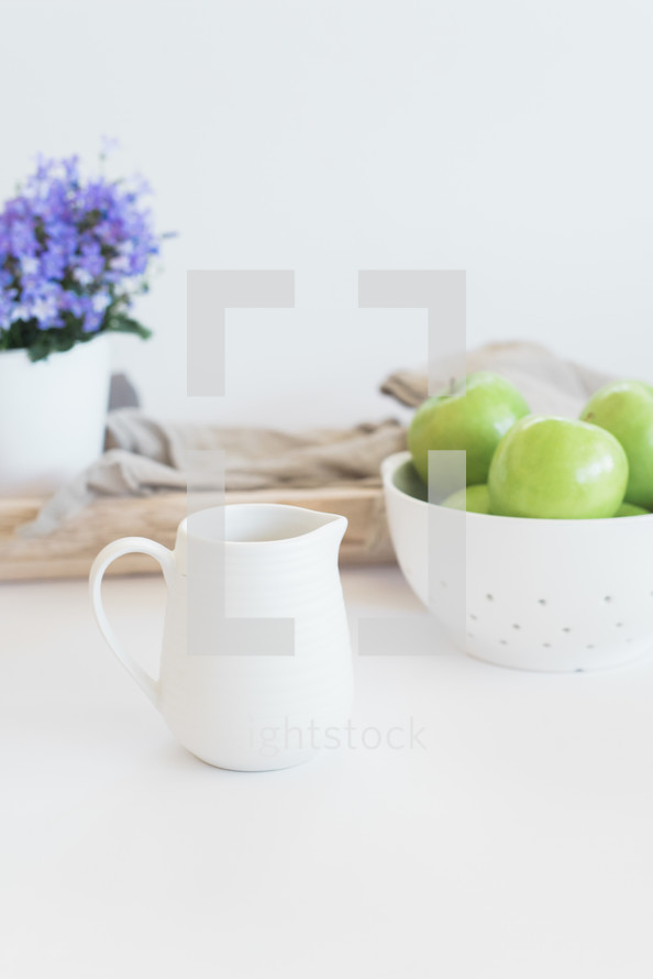 apples, fruit, bowl, house plant, pitcher, tray, linen, wood, cauldron 