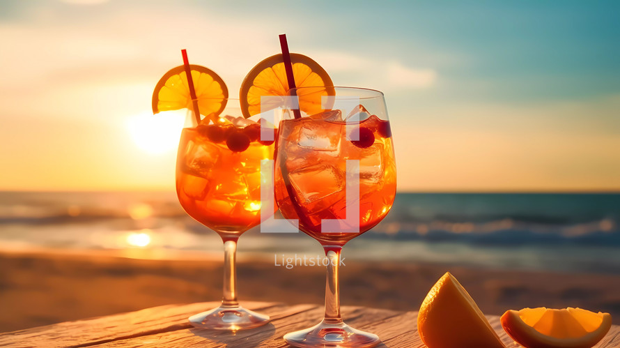 Drink Glass of Cocktail for a Party on a Sandy Sea Beach in Summer. AI Generative