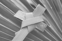 palm cross on palm fronds in black and white 