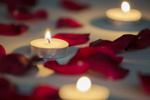 Burning tea candles among scattered red rose petals.