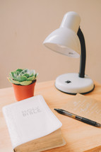 desk lamp, succulent plant, pen, and Holy Bible on a desk 