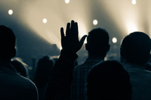 silhouettes of raised hands at a concert 