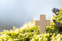 small wooden cross in a bush 