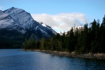 mountain peak and a lake 