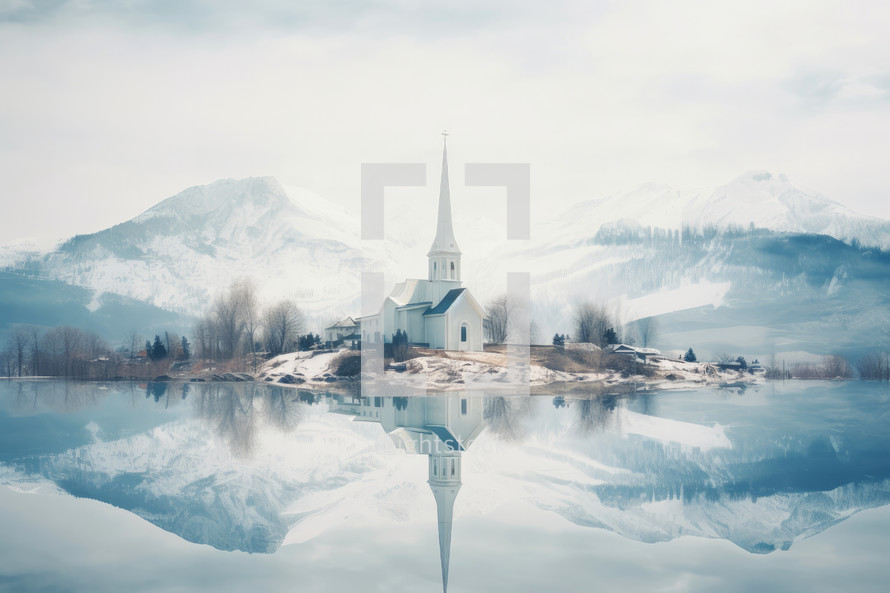 Church on the lake with reflection of mountains in the water