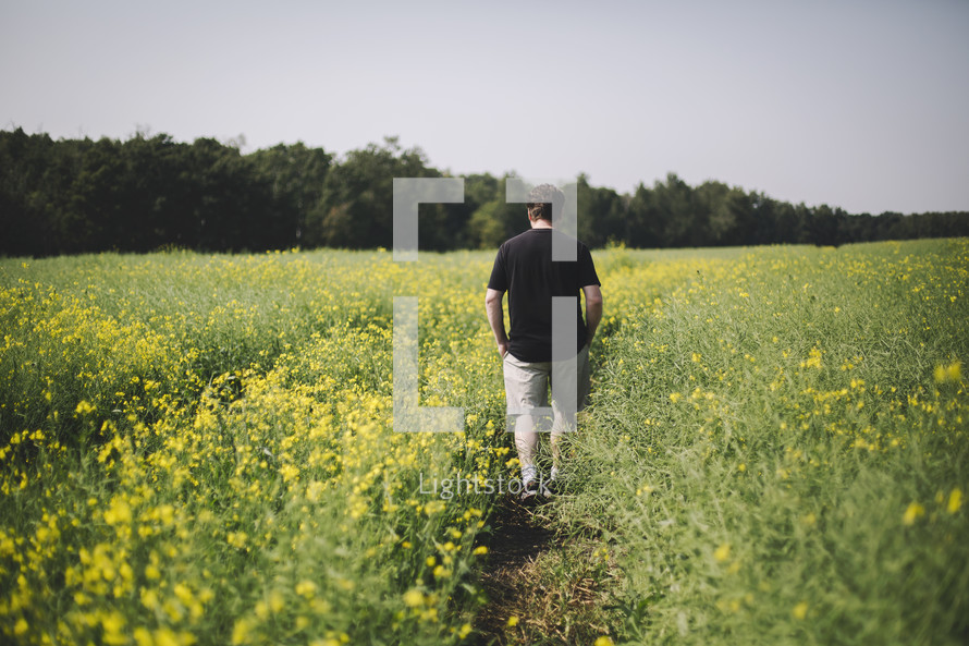 a man walking through a field of yellow flowers 