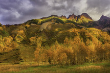 Aspen leaves glow in the morning sunshine as the mountain peaks light up as the sun hits them