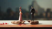 Man and woman figurines not facing each other on two different sides.