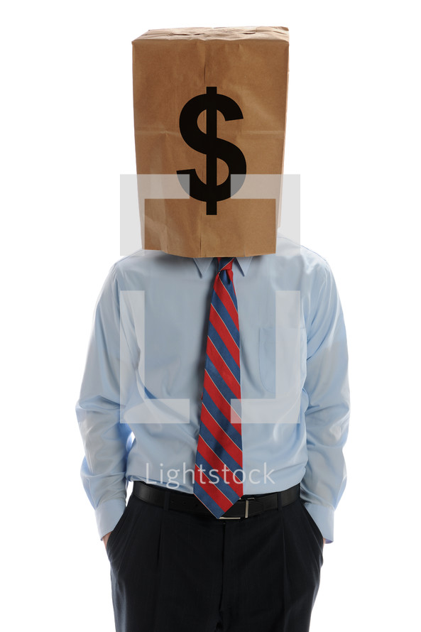 greed - man with a paper bag with a money symbol on his head 