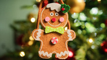 Gingerbread man decoration hanging on a tree