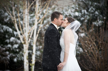 bride and groom kissing under falling snow