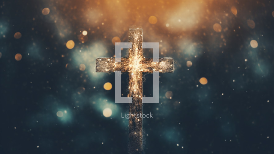 Cross with sparkling light and bokeh in the background. 