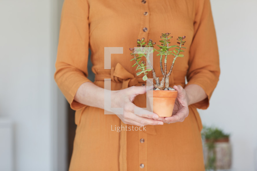 a woman holding a potted plant 