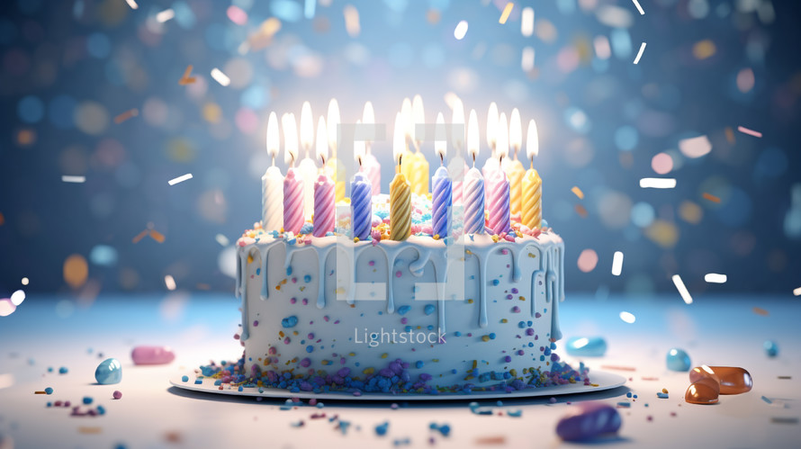 Lit candles on a birthday cake with confetti. 