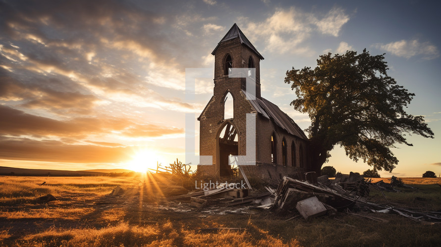 An old church building wasting away at sunset. 