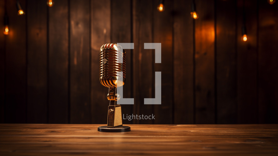 Golden microphone on a desk with lights in the background. 