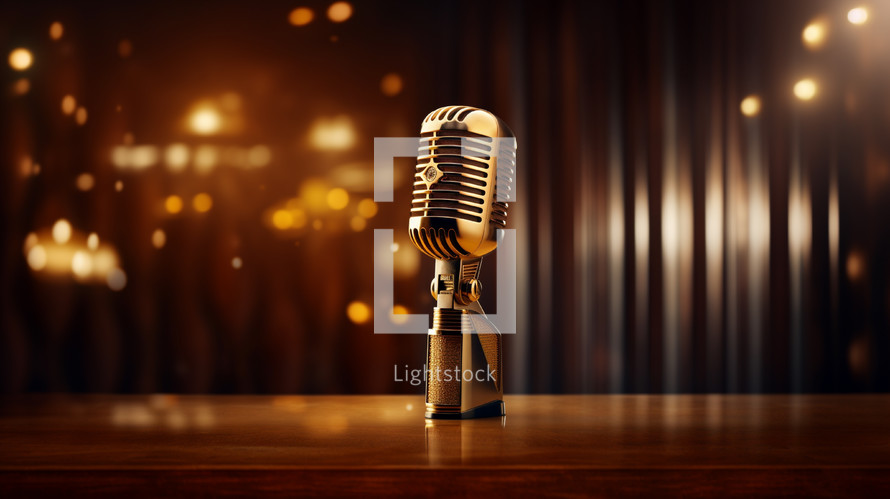 Microphone made of gold with bokeh background. 