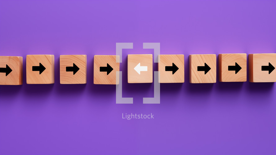 Arrows pointing to the right with one arrow pointing left on a purple background. Against the flow concept. 