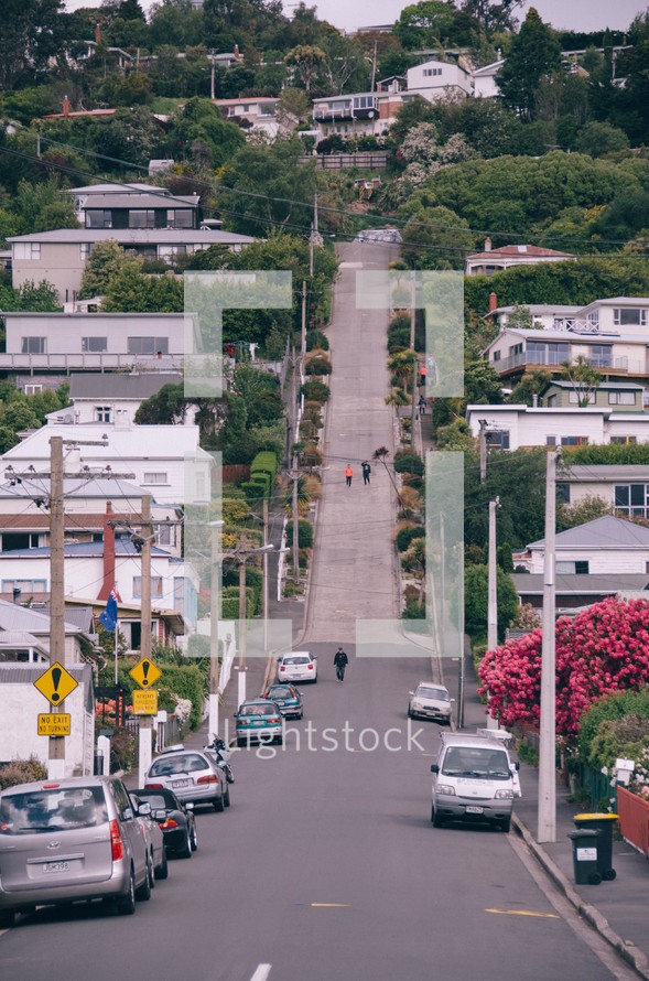 homes and streets on a steep hill 