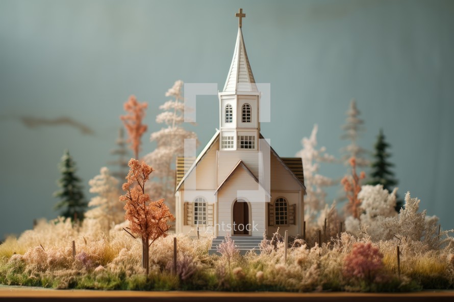Miniature christian church in winter forest. Christmas and new year concept.