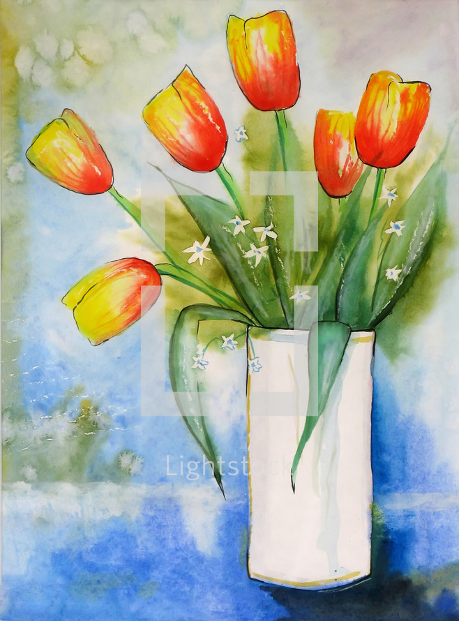 painting of tulips in a vase 