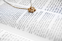 Hebrew and English Bible with a golden Star of David Necklace on top
