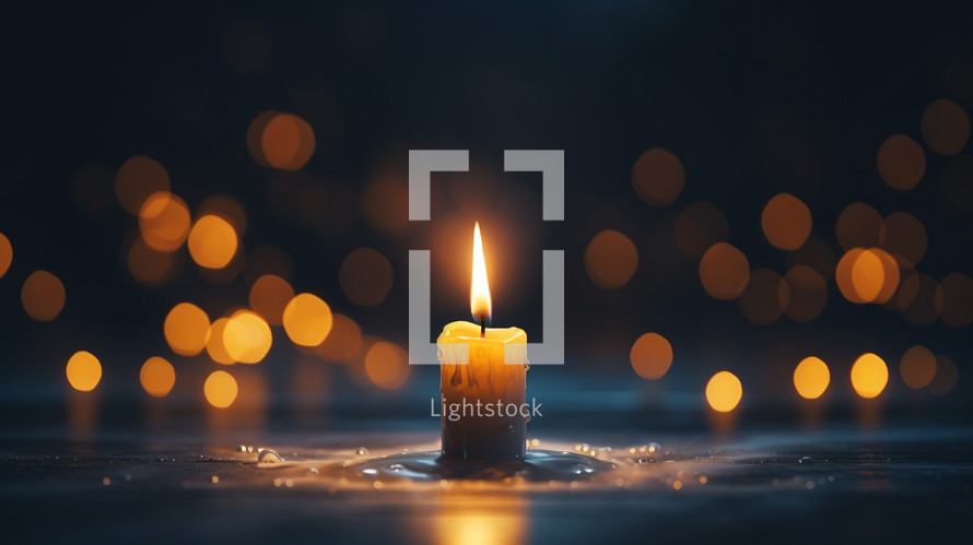 One candle burning at Christmas with golden lights bokeh background. 
