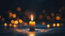 One candle burning at Christmas with golden lights bokeh background. 