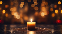 One candle burning at Christmas with bright bokeh background. 