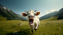 A cow yelling in the pasture mountains.