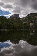 a reflection of clouds and sky in mountain lake 