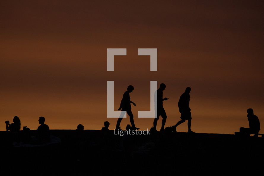 silhouettes of people taking pictures of the sunset on a beach 