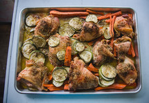 baked chicken and vegetables in a pan 