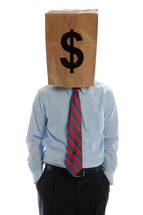 greed - man with a paper bag with a money symbol on his head 