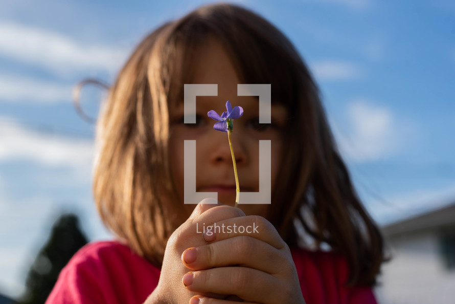 child holding a purple flower 