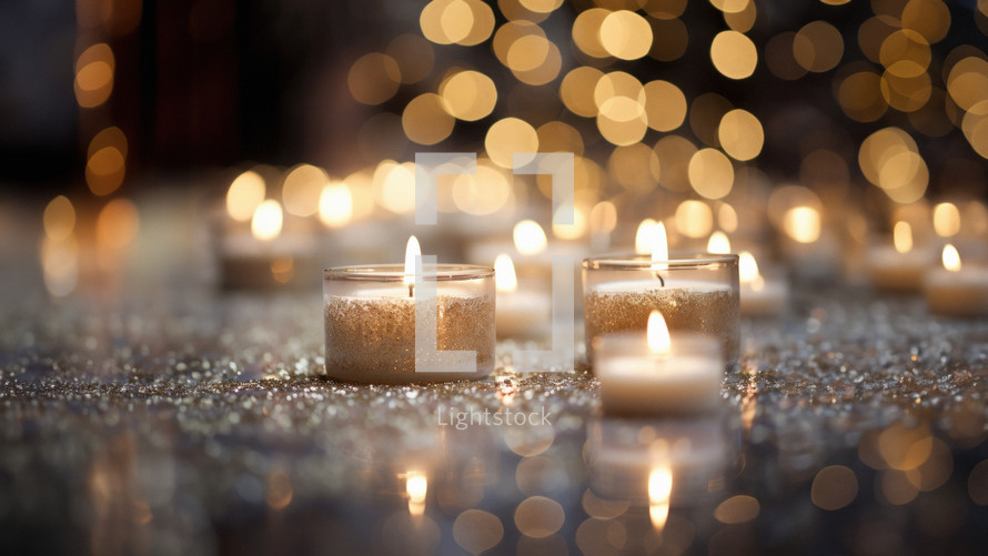 Small golden tee lights and candles on a festive table, decorated for a special event. 