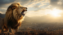 A Lion roars over a city.