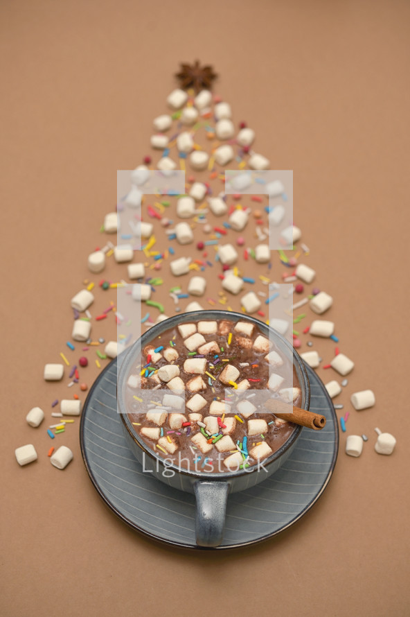 	Conceptual Winter Tree from Hot chocolate cup and Marshmallows