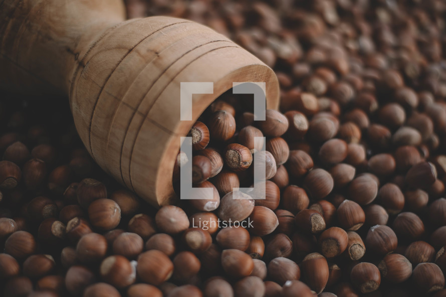 Hazelnuts in a wooden bowl on rustic background