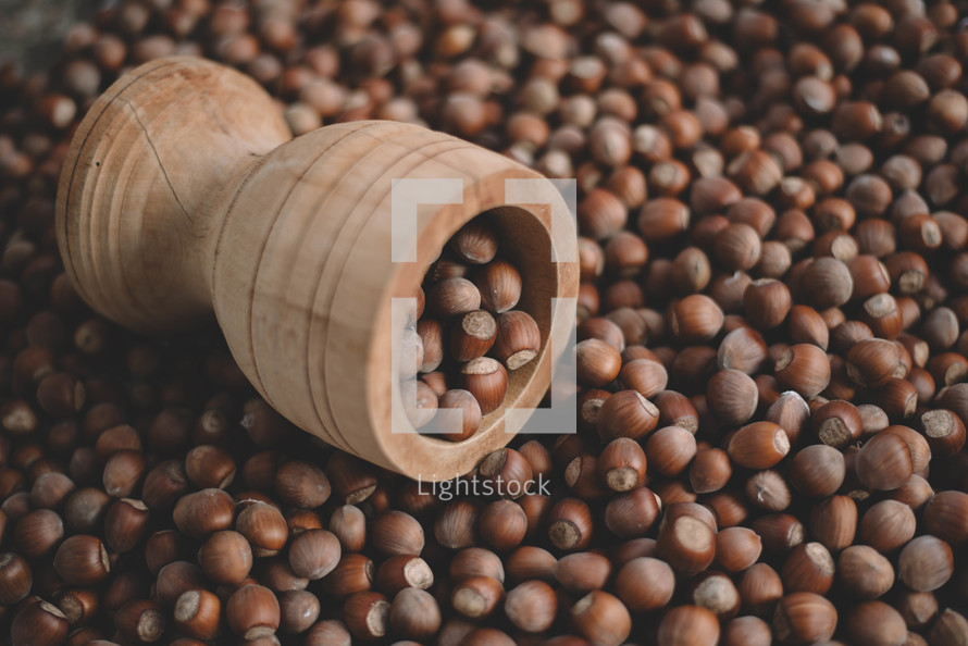 Hazelnuts in a wooden bowl on rustic background