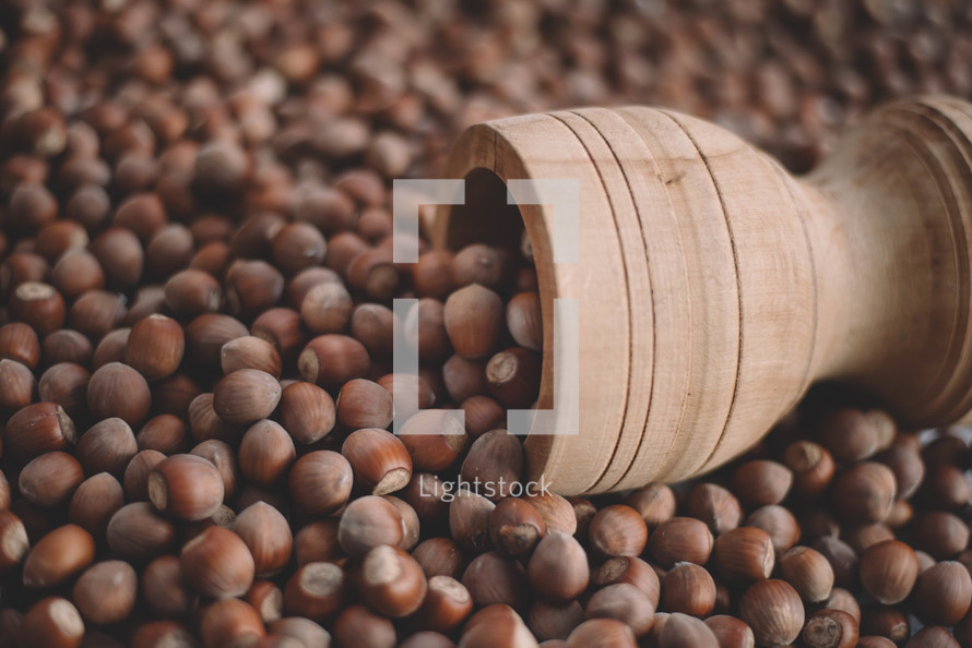 Hazelnuts in a wooden bowl on rustic background