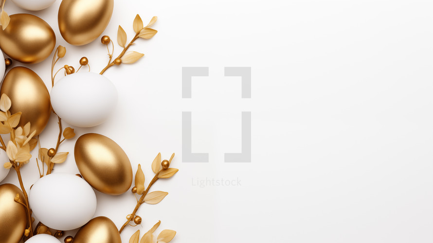 Gold and white painted Easter eggs with copyspace. 